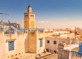 Aerial view of Tunis, Tunisia with mosque and tower.