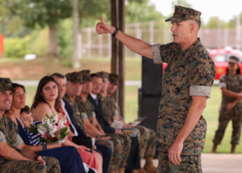 U.S. Marine Corps Lt. Gen. Frank L. Donovan, vice commander, U.S. Special Operations Command, addresses attendees to a change of command ceremony on Marine Corps Base Quantico, Virginia, July 26. 2024.
