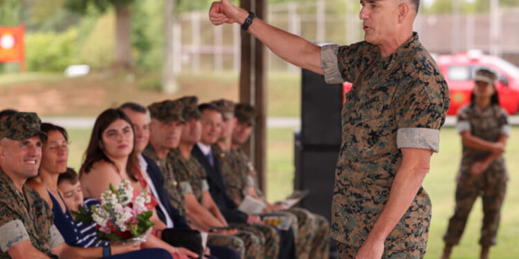 U.S. Marine Corps Lt. Gen. Frank L. Donovan, vice commander, U.S. Special Operations Command, addresses attendees to a change of command ceremony on Marine Corps Base Quantico, Virginia, July 26. 2024.