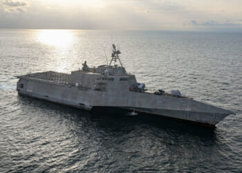 The Independence-class littoral combat ship USS Santa Barbara (LCS 32) successfully launches a Low-cost Unmanned Combat Attack System (LUCAS) from the flight deck while transiting the Arabian Gulf, Dec. 16.