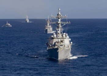 Arleigh Burke-class guided-missile destroyer USS Winston S. Churchill (DDG 81), front, Turkish Navy frigate TCG Gelibolu (F 493), back center, Italian Navy minesweeper ITS Rimini (M 5561), far left, and Arleigh Burke-class guided-missile destroyer USS Bainbridge (DDG 96) steam in formation, July 29, 2025.