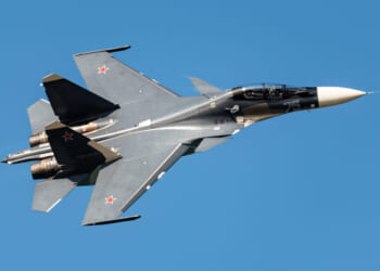 Demonstration of a Sukhoi Su-30 fighter jet of the Russian Navy at MAKS 2019, Russia.
