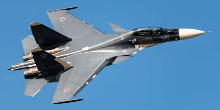 Demonstration of a Sukhoi Su-30 fighter jet of the Russian Navy at MAKS 2019, Russia.
