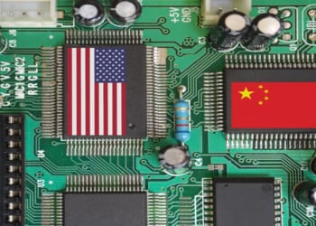 Chip production and trade war between America and China. America and china flag on chips. Chip manufacturer countries of the World.
