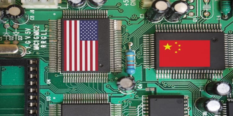Chip production and trade war between America and China. America and china flag on chips. Chip manufacturer countries of the World.