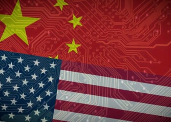 Illustration of U.S. and China Flags on a Chip Symbolizing the Competition between the Superpowers. export controls