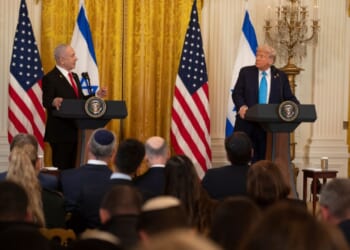US president Donald Trump attends press conference with Israeli prime minister Benjamin Netanyahu.
