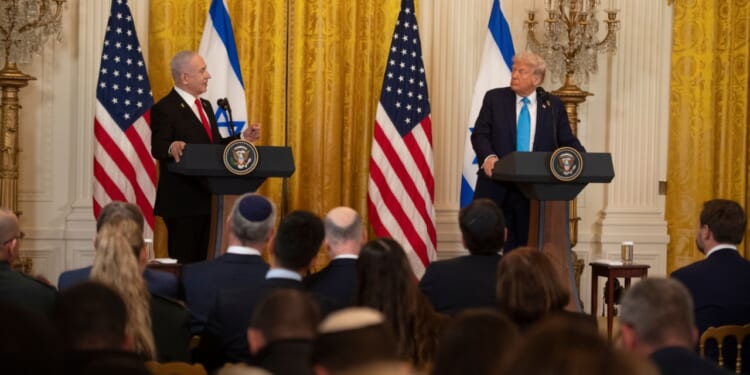 US president Donald Trump attends press conference with Israeli prime minister Benjamin Netanyahu.