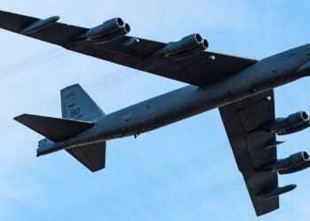 A B-52 Stratofortress bomber in flight.