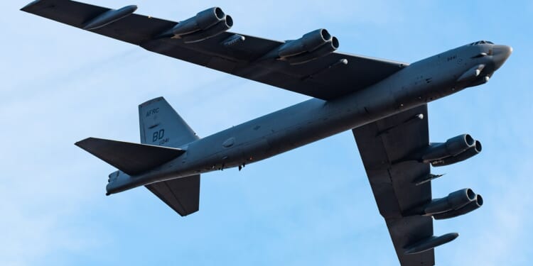 A B-52 Stratofortress bomber in flight.