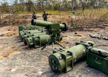 Thailand displays captured Cambodian anti-tank weapons.
