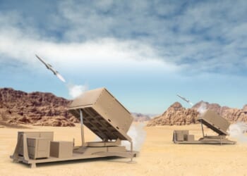 A rendering of an IFPC system firing a missile.