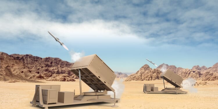A rendering of an IFPC system firing a missile.