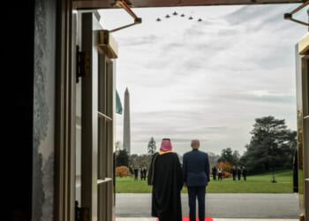 President Doanld Trump observes a US Air Force flyover with Saudi crown prince Mohammed bin Salman.