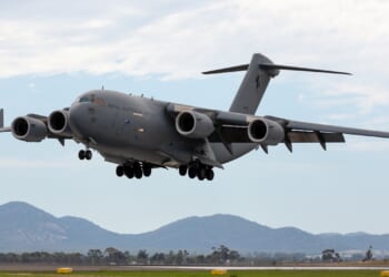 An Australian cargo plane in flight.