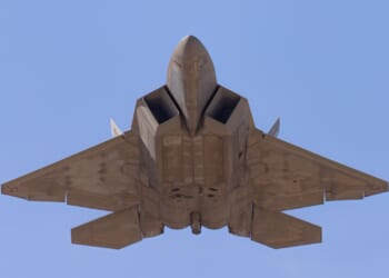 A bottom view of the F-22 Raptor.