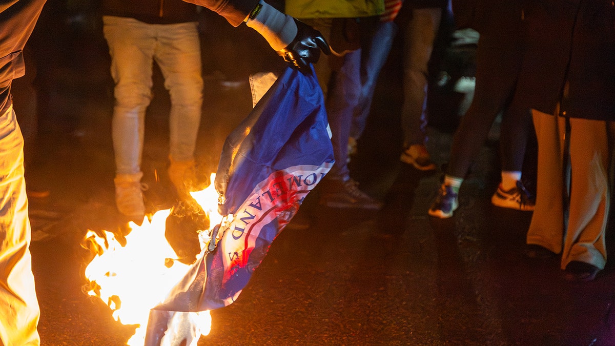 An anti-ICE agitator burns a flag.