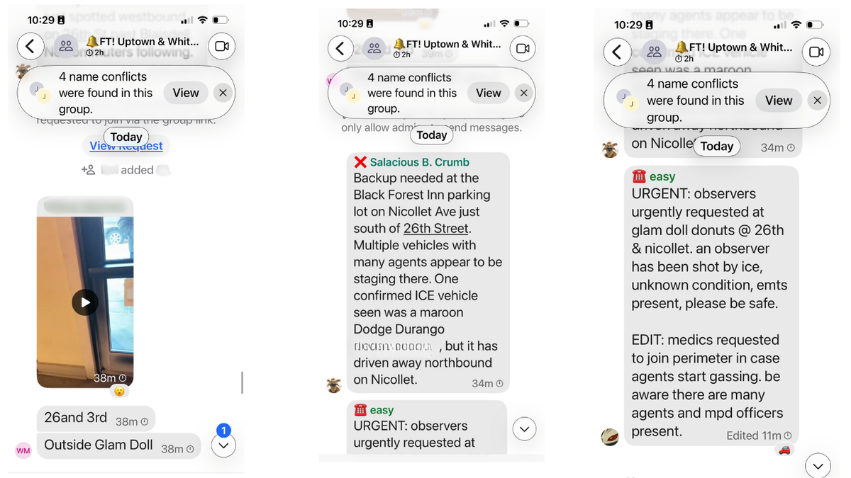 Members of an ICE Watch "Rapid Response" team tracked federal agents to the street, calling on more protesters to come to the street, where an anti-ICE demonstrator was killed minutes later. (Obtained by Fox News Digital) 