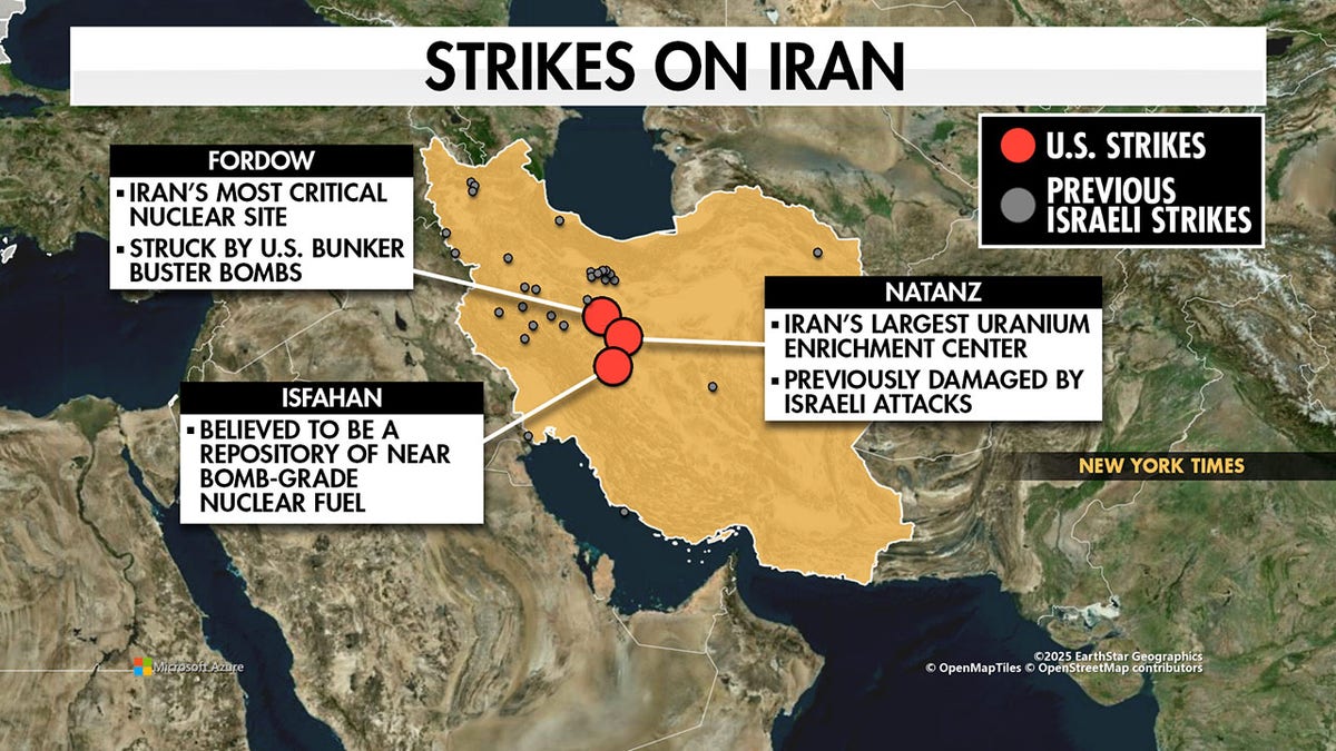 A map shows nuclear sites in Iran that were struck by the United States during Operation Midnight Hammer.