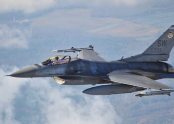 An F-16 Fighting Falcon in flight.