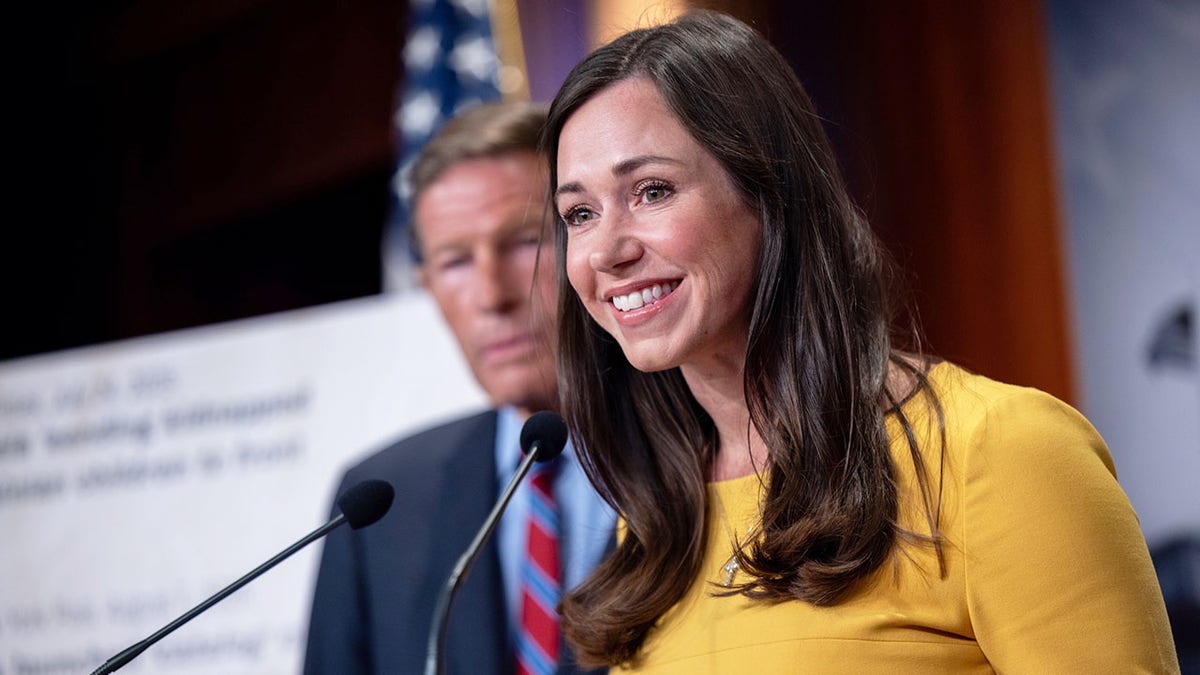 Sen. Katie Britt, R-Ala., speaks to reporters at a press conference.