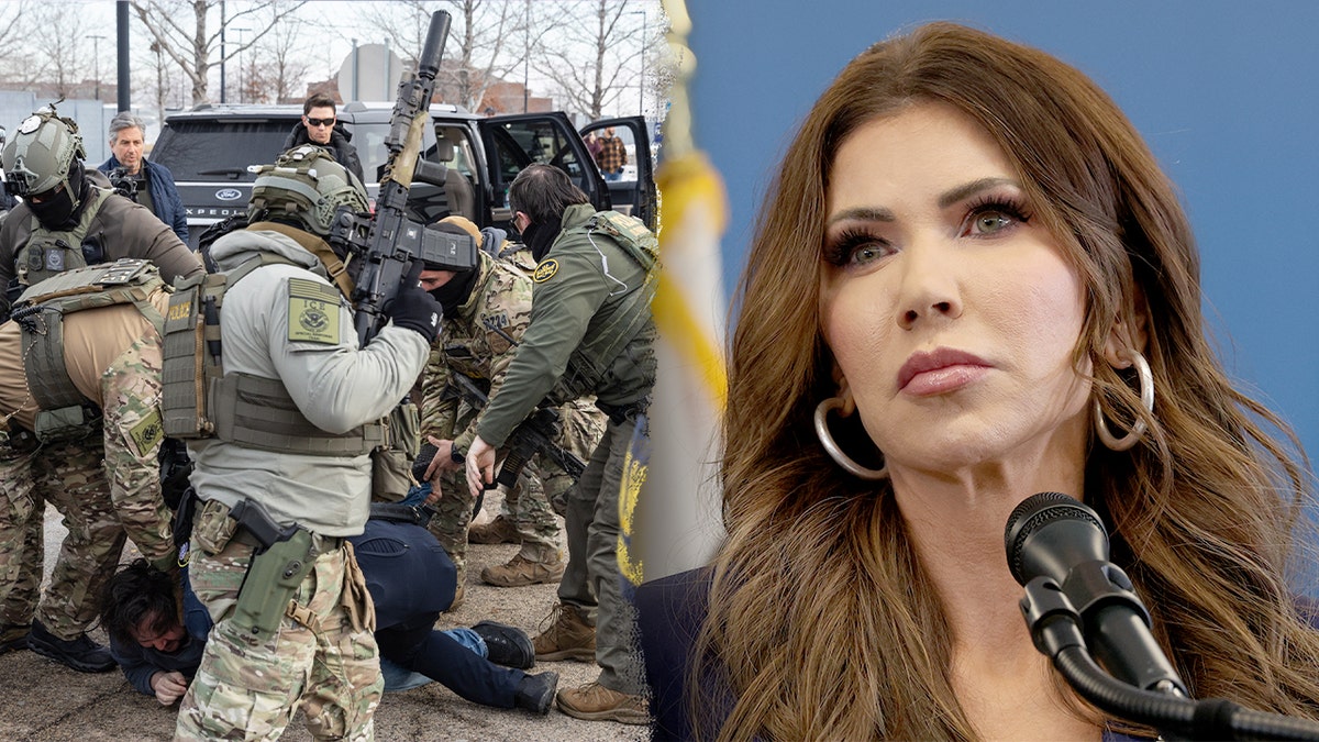 A split of Krisit Noem and federal law enforcement officers.