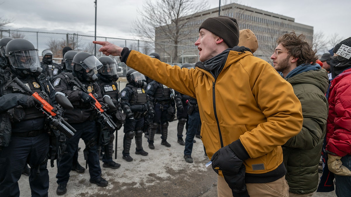 Demonstrator points finger during anti-ICE protest in Minnesota