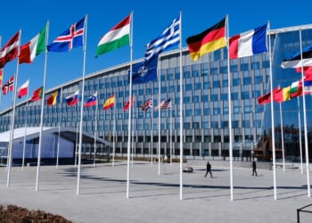 The front of NATO headquarters in Brussels, Belgium.