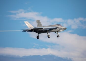 An F-35 Lightning II fighter jet in flight.