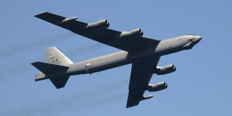 A B-52 Stratofortress in flight.