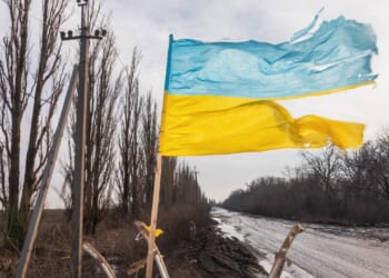 A torn Ukrainian flag flying near a road.