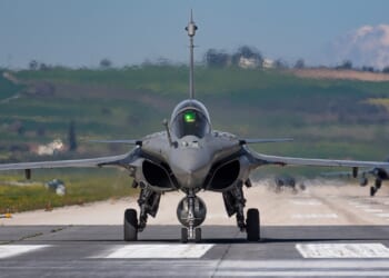 A Rafale fighter jet taxiing for takeoff.