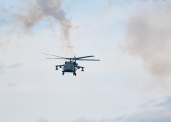 Smoke coming from a Black Hawk helicopter.