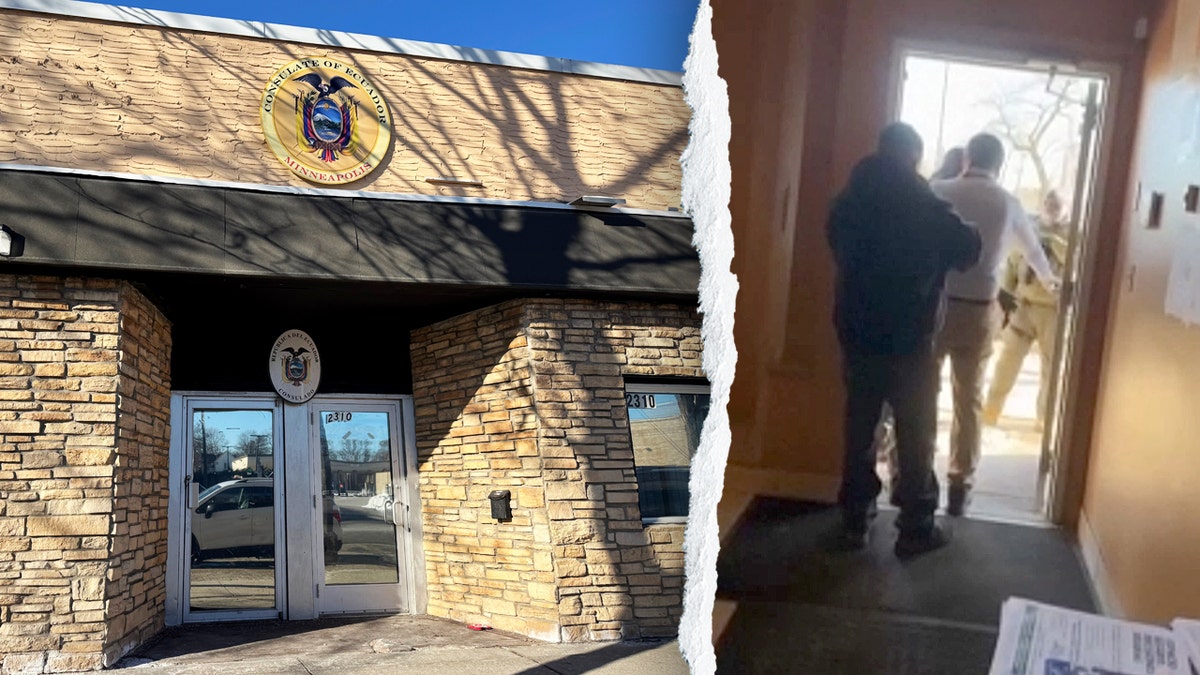 Ecuador consulate in Minneapolis and screengrab of video purportedly showing ICE agent allegedly trying to enter facility