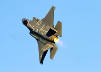 An F-35 turning in midflight.