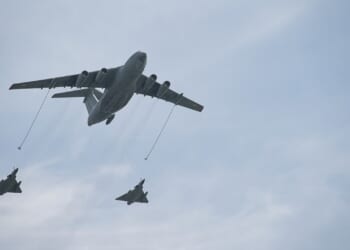 An Indian tanker aircraft conducting aerial refueling.