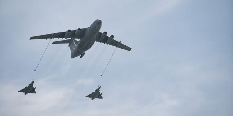 An Indian tanker aircraft conducting aerial refueling.