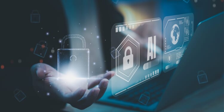 AI cybersecurity concept with businessman holding digital padlock icon, futuristic virtual interface displaying secure access and data protection, symbolizing artificial intelligence privacy systems.