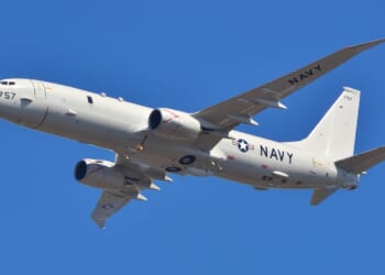 A P-8 Poseidon aircraft in flight.