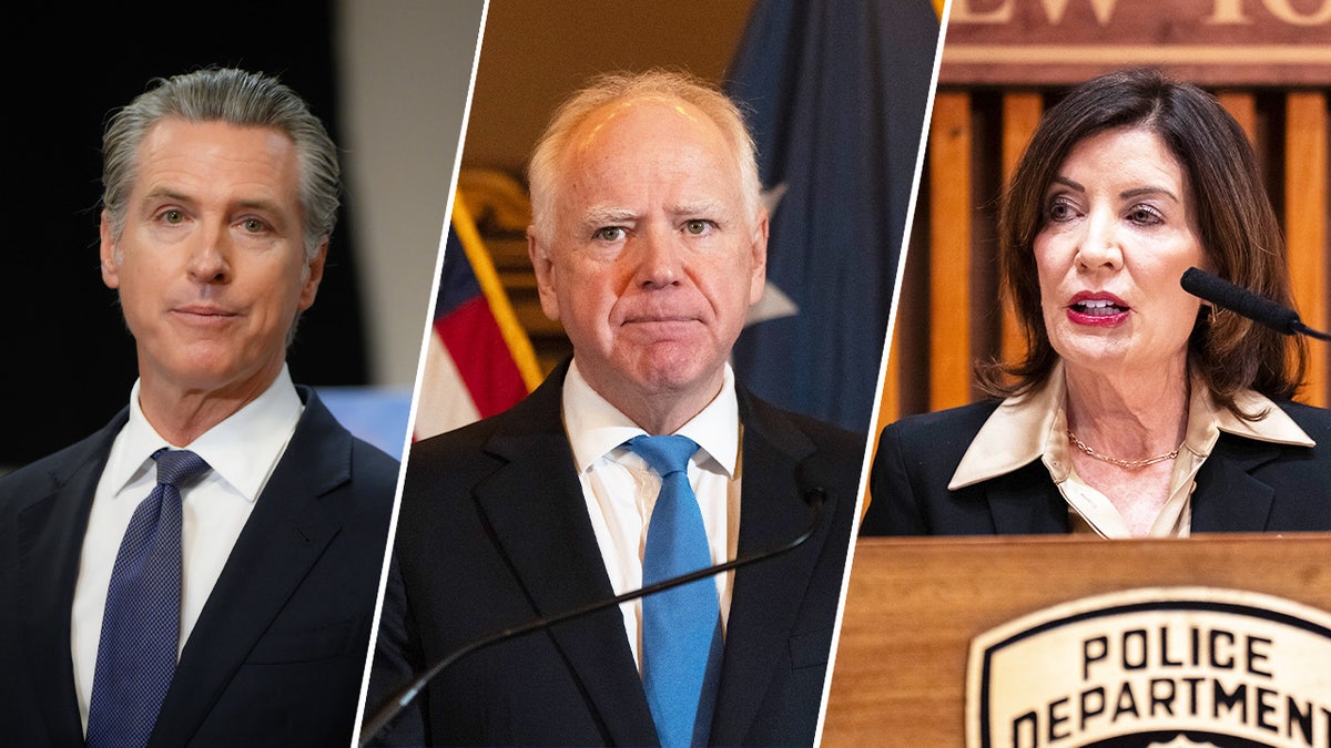 A split image compilation of Gavin Newsom, Tim Walz, and Kathy Hochul