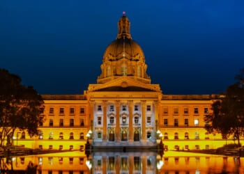The Alberta Legislature at night.