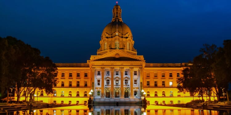 The Alberta Legislature at night.