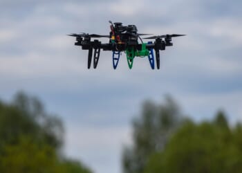 A Ukrainian quadcopter drone in flight.