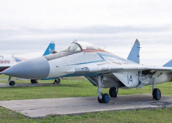 A Russian MiG-29 fighter on display.