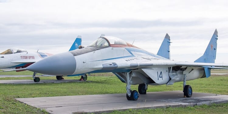 A Russian MiG-29 fighter on display.