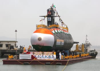 An Indian Navy submarine being launched.