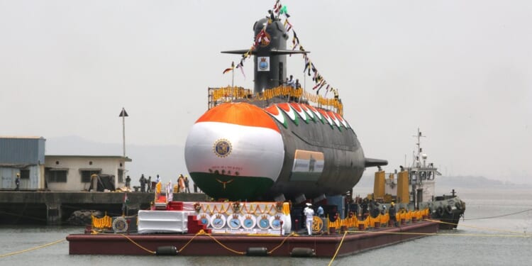 An Indian Navy submarine being launched.