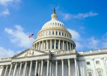 A view of the Capitol Building from below.