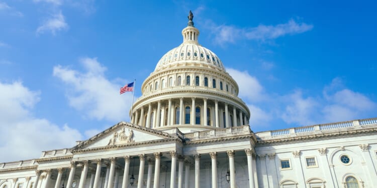 A view of the Capitol Building from below.
