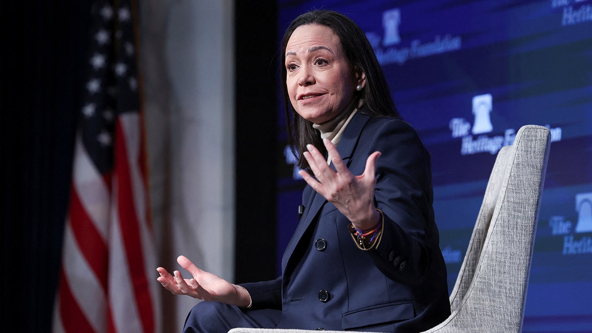 Venezuelan opposition leader Maria Corina Machado speaks during a press conference in Washington, D.C., U.S., January 16, 2026.